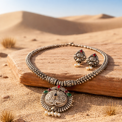 Pahadi ShyamaHans Antique Silver Necklace Set
