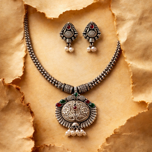 Pahadi ShyamaHans Antique Silver Necklace Set