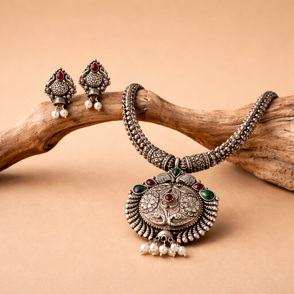 Pahadi ShyamaHans Antique Silver Necklace Set