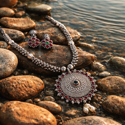 NandaJyoti Pahadi Silver Necklace Set