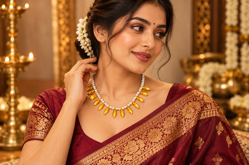 Mandakini Swarna-Patra Mala gold-plated silver leaf necklace worn with saree